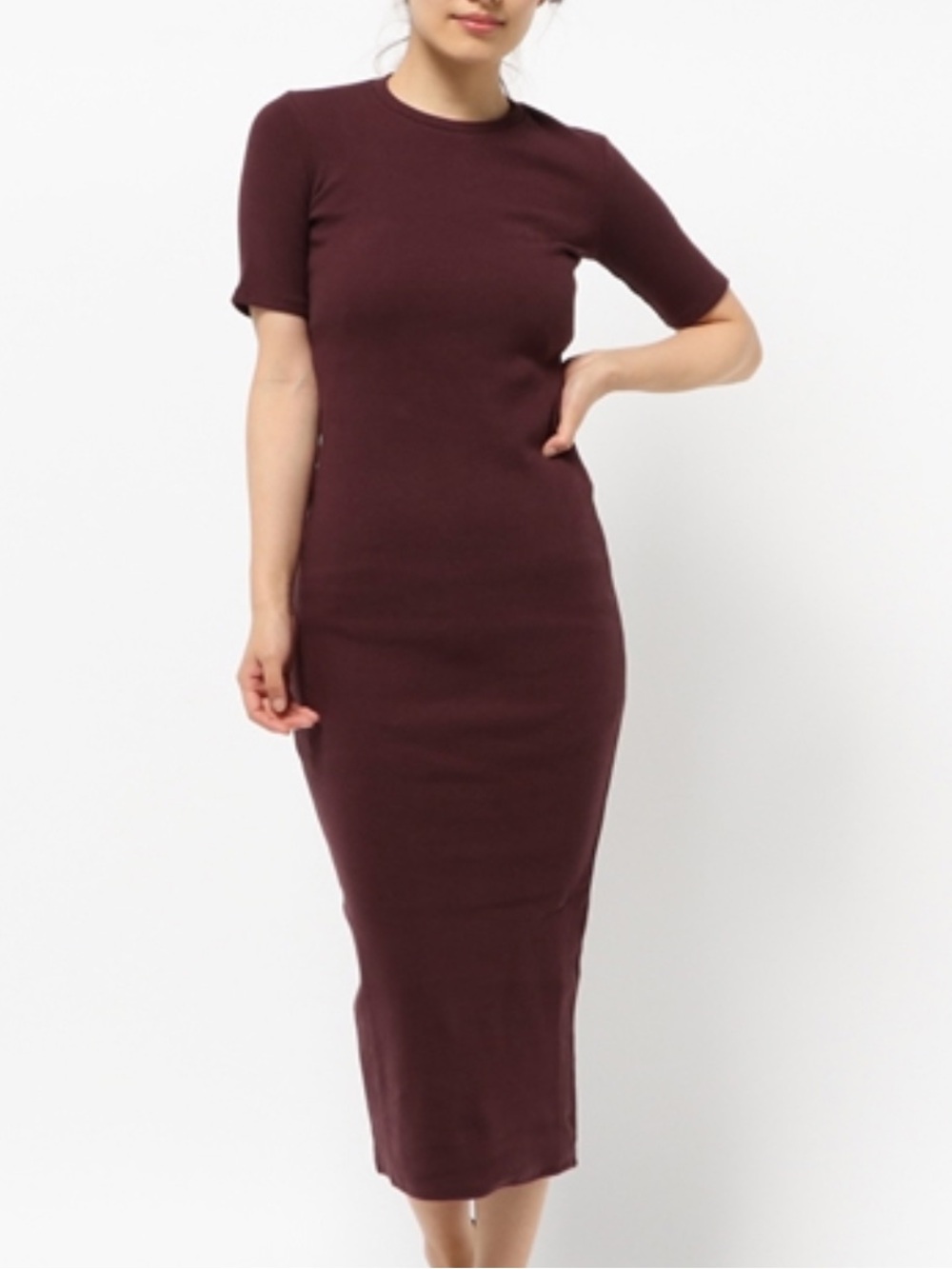 Simon Miller Slim Ribbed Midi Dress in Deep Washed Burgundy